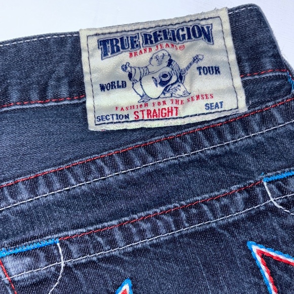 Men's TRUE RELIGION STRAIGHT LEG Dark Blue Jeans with accent trim - Picture 4 of 10